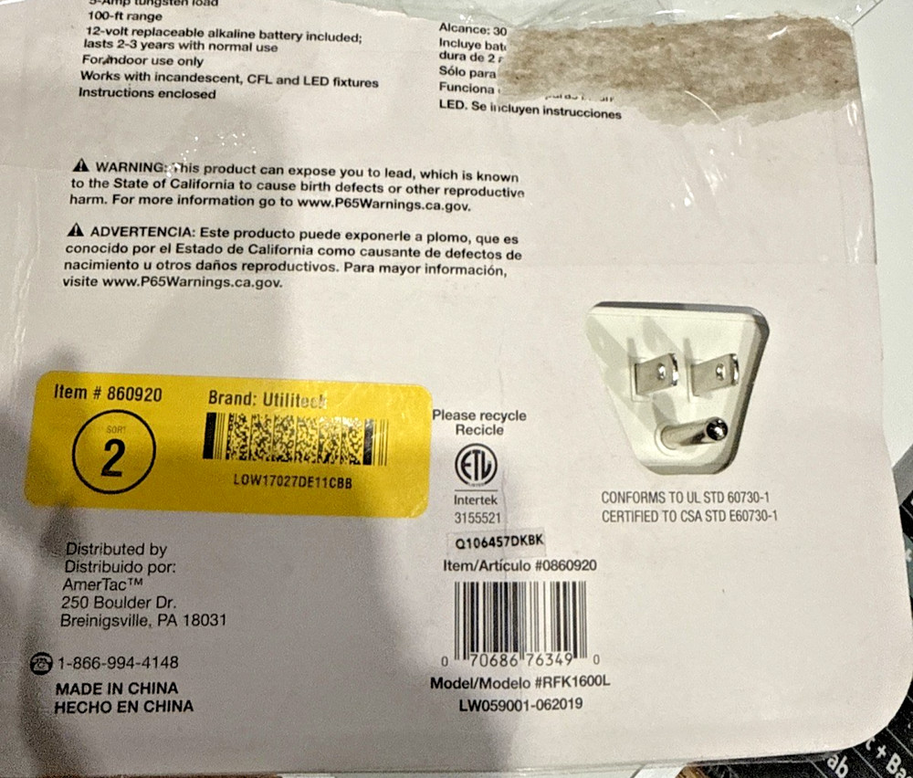 Amertac RFK1600LC Wall Switch, 15 A, 1875 W, White