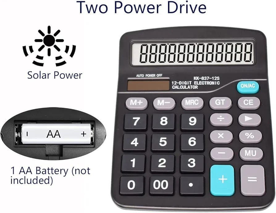 Dual Power Desktop Calculator – 12-Digit Large Display & Big Buttons