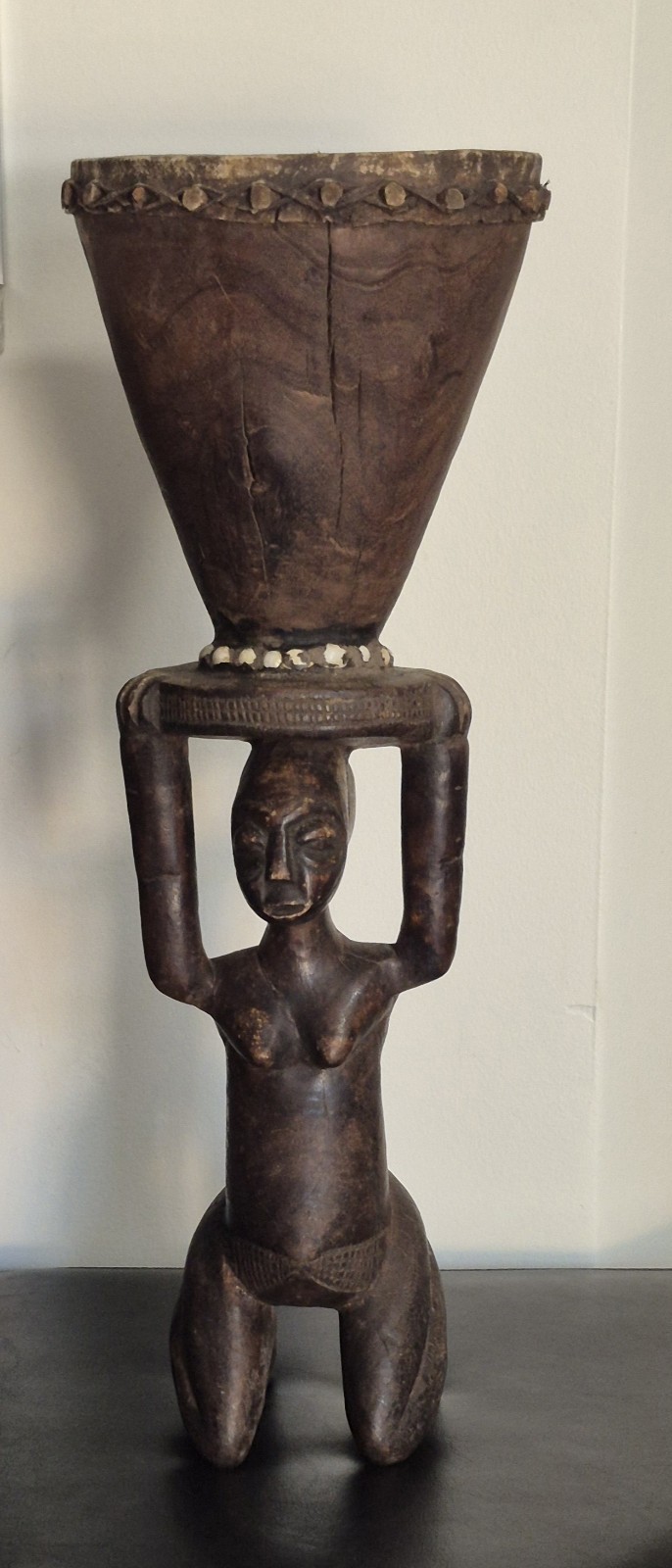 African Luba Female Wood Statue With Drum 21"H 7.5"W