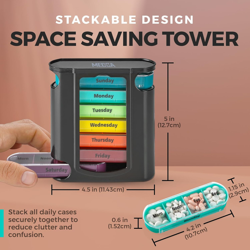 Stackable Daily Pill Organizer - (4 Times a Day) Weekly Medication Reminder - Pr