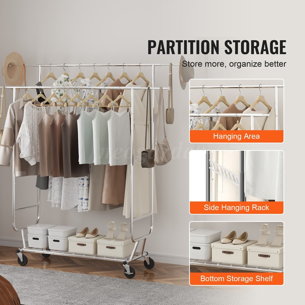 Mobile Coat Rack, Retractable Adjustable, Heavy Duty Chrome with Bottom Shelf