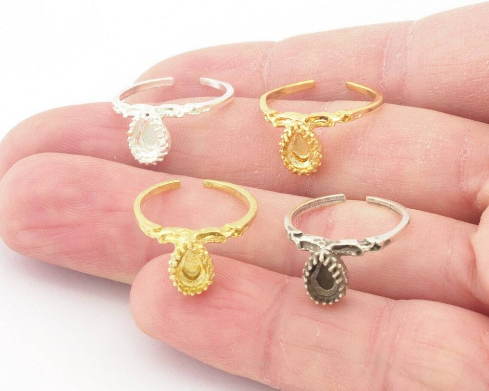 Pear drop Ethnic Ring Adjustable Raw Brass,Antique silver,Shiny silver-Gold 4486