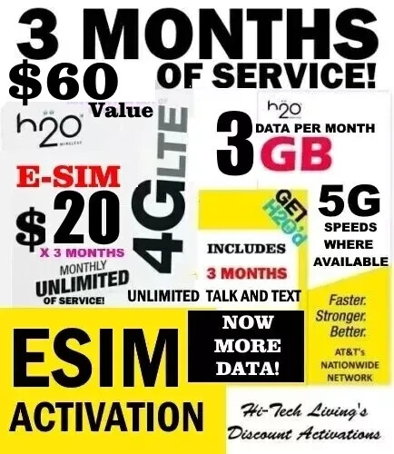 ESIM H2O H20 ✅ E-SIM ACTIVATION ⭐ w/ 3 MONTHS X $20 Plan ⭐ UNLIMITED T/T