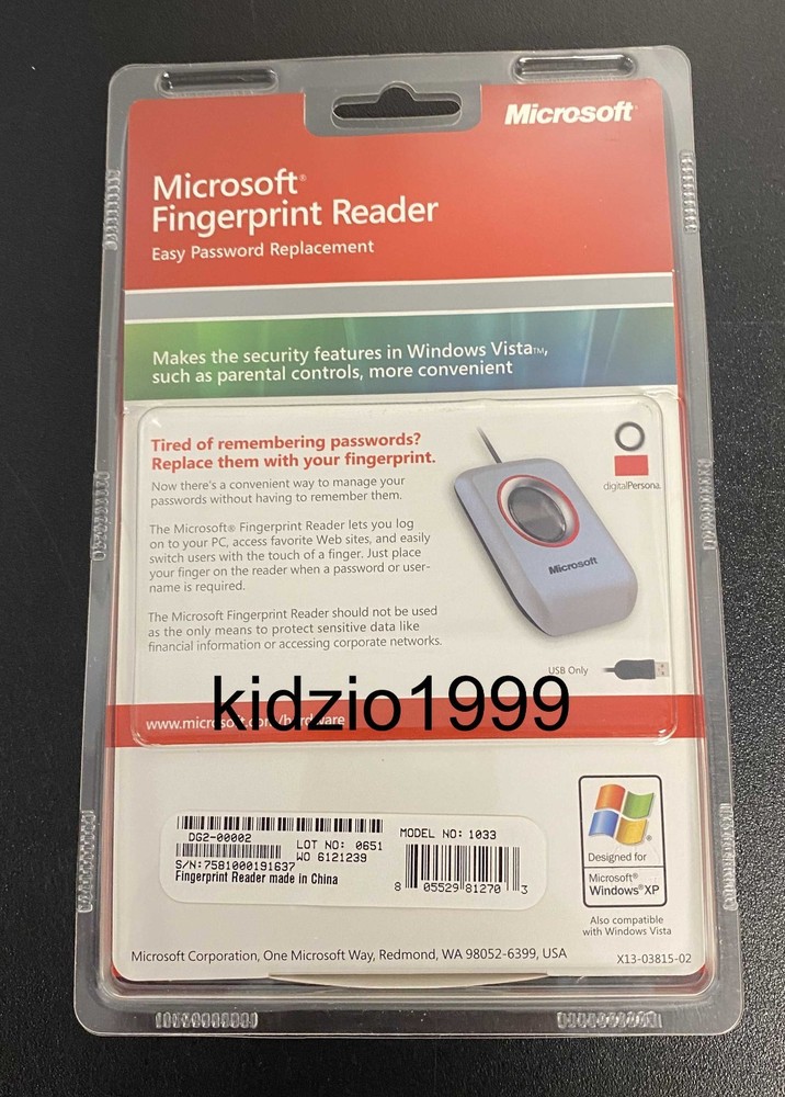 Microsoft Fingerprint Reader Model 1033 Password Replacement Windows XP NEW