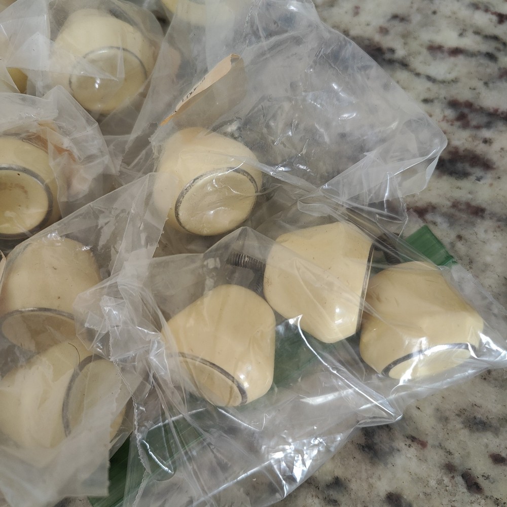 Vintage Ceramic Drawer Cabinet Knobs Tulip Shape Yellow w Silver Accent Ring