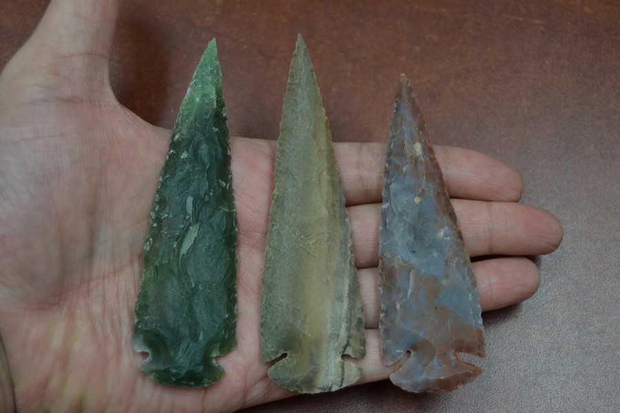 3 PCS ASSORT AGATE STONE SPEARHEAD ARROWHEAD POINT 3 1/2" - 4"