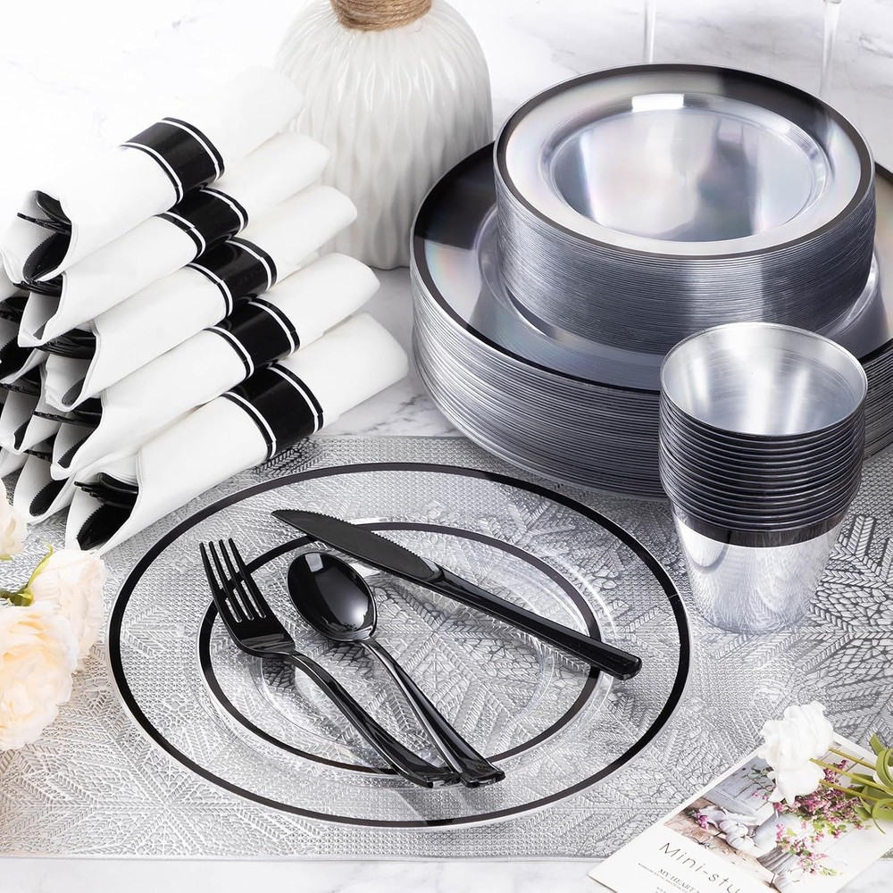 350 Piece Black Plastic Dinnerware Set for Party, Clear Disposable Plates