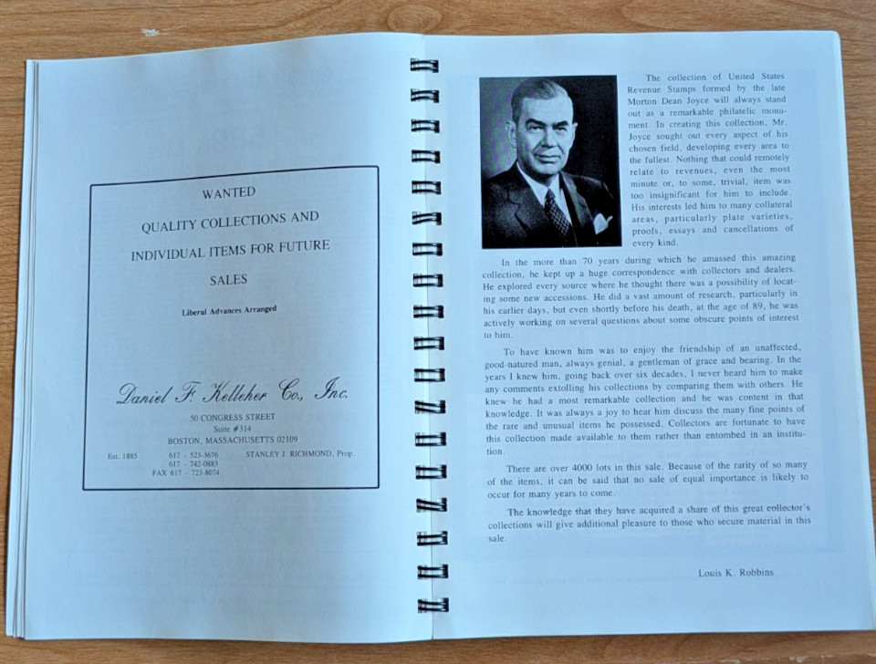 Morton Dean Joyce Collection US Revenue Stamps auction catalog 1991 Kelleher