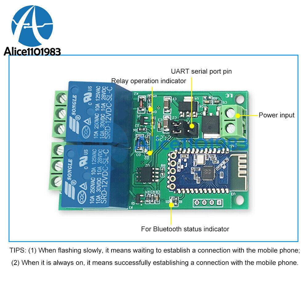 DC 12V 2CH Bluetooth Relay Module Smart Home Mobile APP Remote Control Switch
