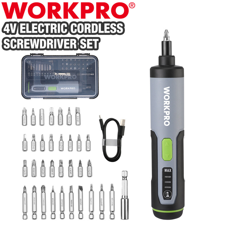 WORKPRO 4V Electric Screwdriver Cordless Screwdriver Set w/35 Bits Extension Rod