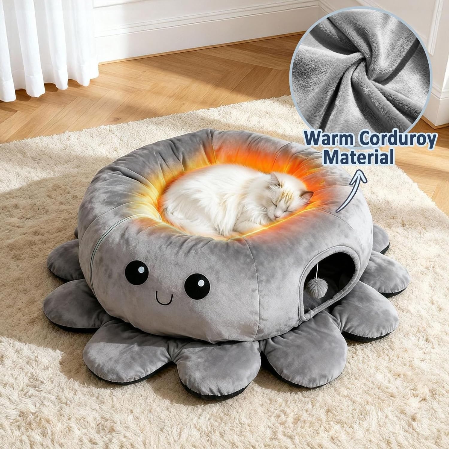 2-in-1 Cat Tunnel Bed with 20 Cat Toys, Washable Peekaboo Cat Cave Bed