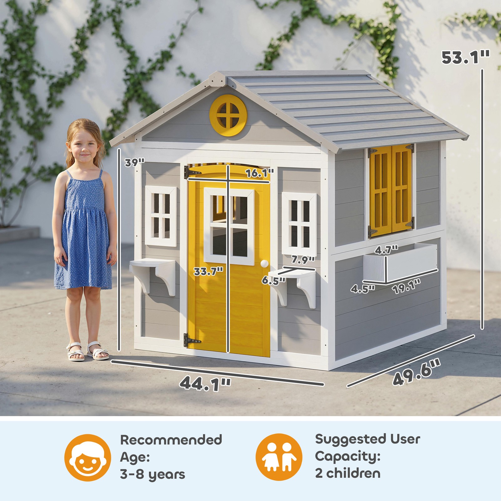Outsunny Playhouse for Kids with Doors, Windows, Planter Pots and Boxes