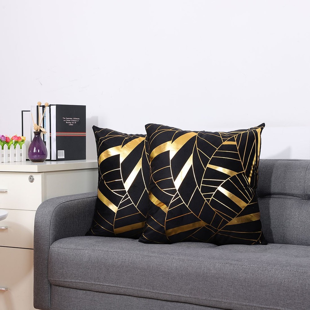 2 Pcs Gold Stamping Soft Decorative Square Throw Pillow Covers, Geometry Pattern
