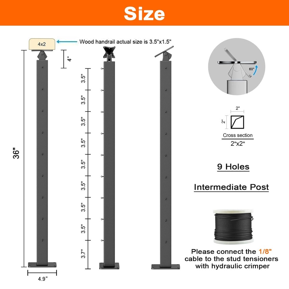 Outboard Adjustable-Angle Stainless Steel Cable Railing Intermediate Post wit...