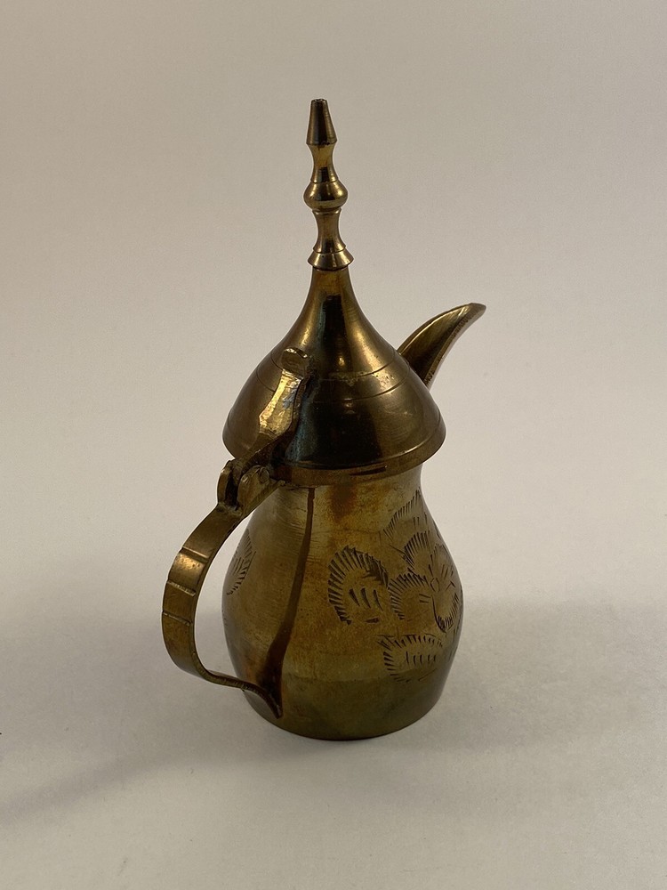 Small Middle Eastern Brass Dallah Coffee Pot Flower Engraved 4 Inch - Not Marked