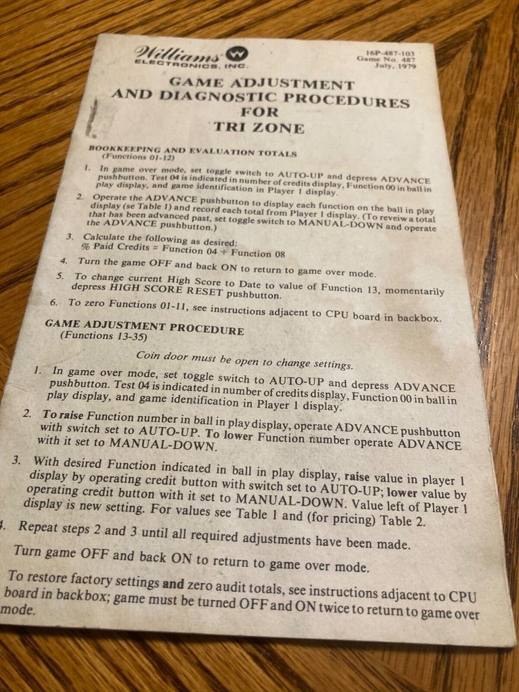 Tri Zone Pinball Game Adjustments & Diagnostic Procedures