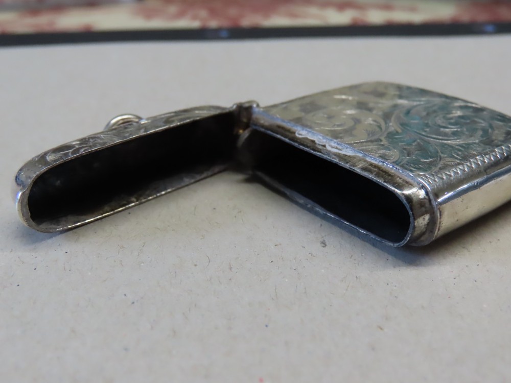 Solid silver vesta case, engraved pattern and initials