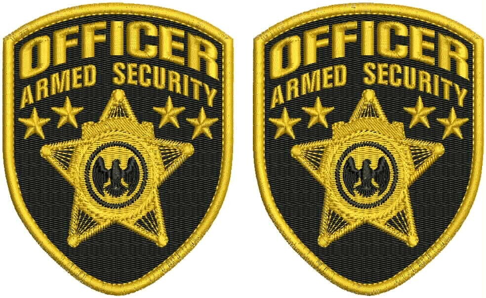 OFFICER ARMED SECURITY 2 EMB PATCH SHOULDER 4.5X3.75 HOOK ON BACK GOLD ON BLACK