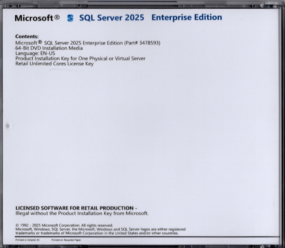 Microsoft SQL Server 2025 Enterprise with Unl. Core License, unlimited User CALs