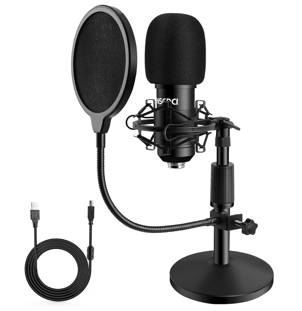 USB Condenser Microphone Kit w/ Stand Pop Filter Shock Mount Podcast Streaming