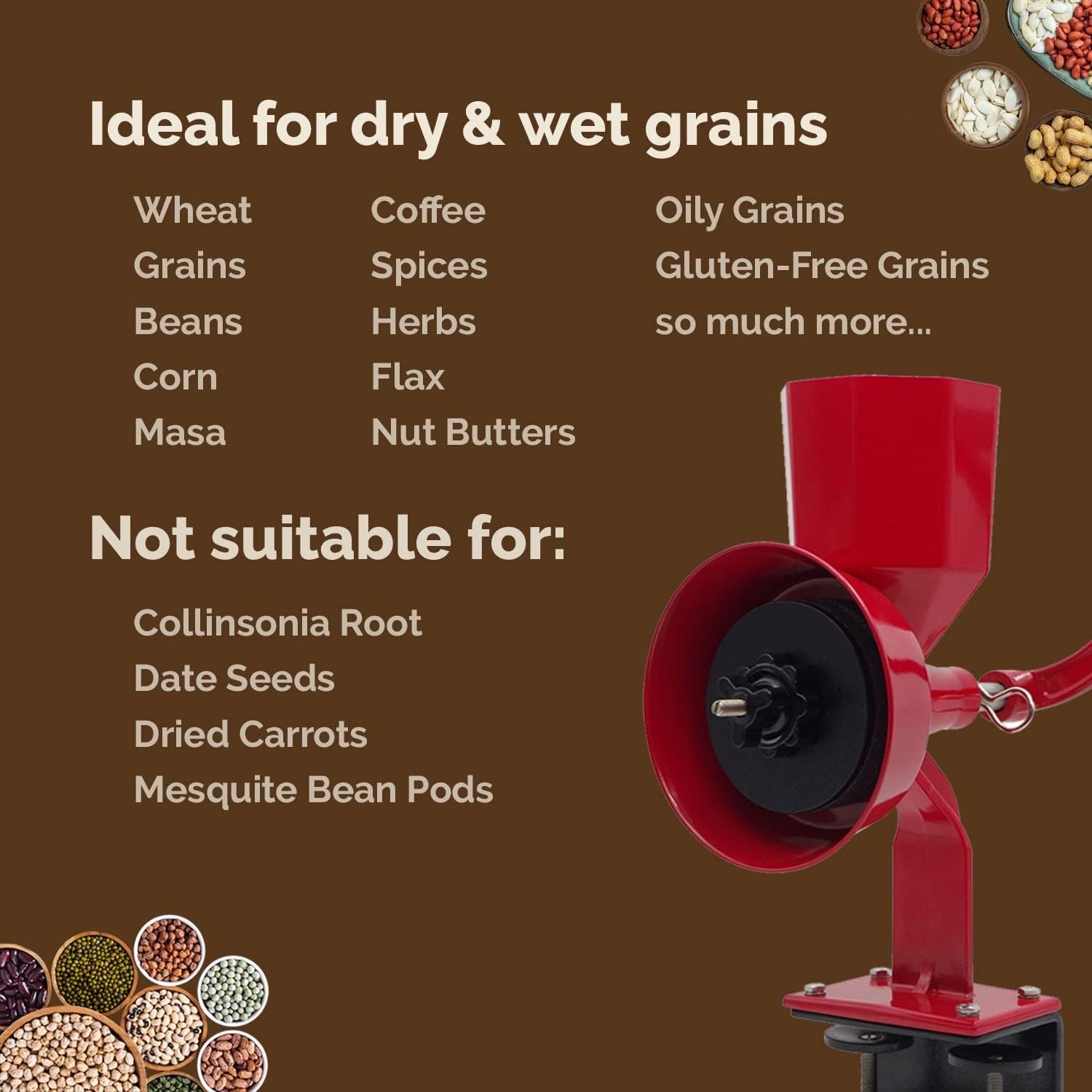 WONDERMILL Hand Grain Mill Red Wonder Junior Deluxe-Grain Mill and Grain Grinder