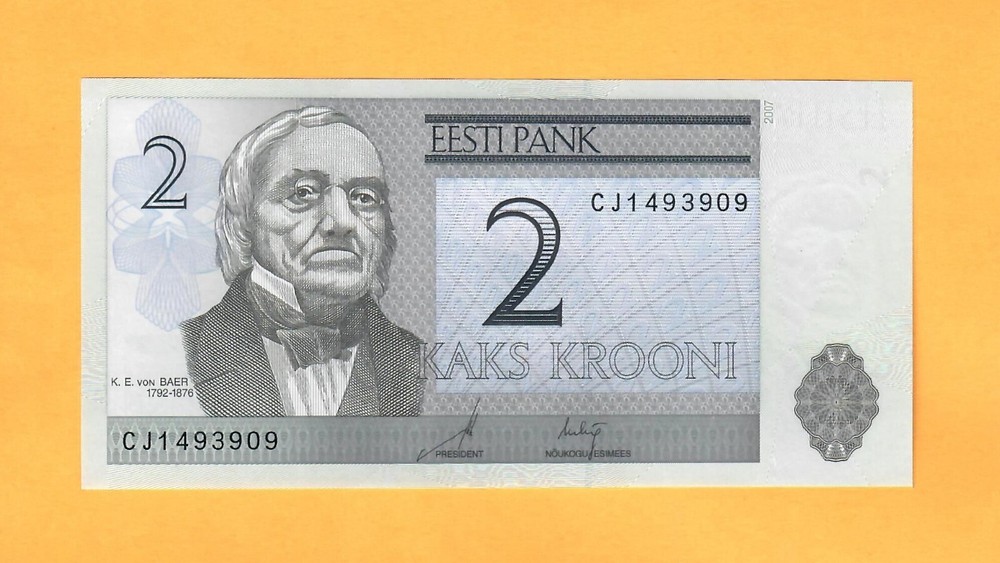 ESTONIA-2 KROONI-2007-PICK 85-SERIAL NUMBER 1493909 , UNC .