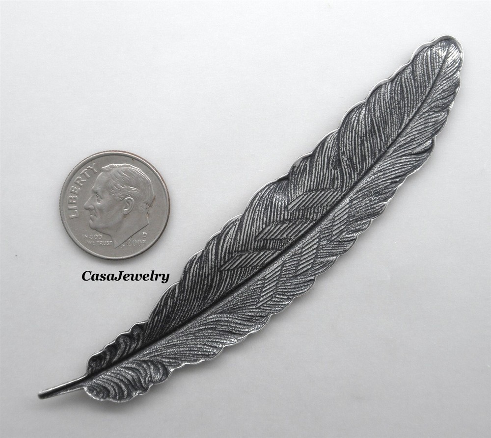 #2174 LONG ANTIQUED STERLING SILVER PLATED DETAILED FEATHER COMPONENT - 1 Pc