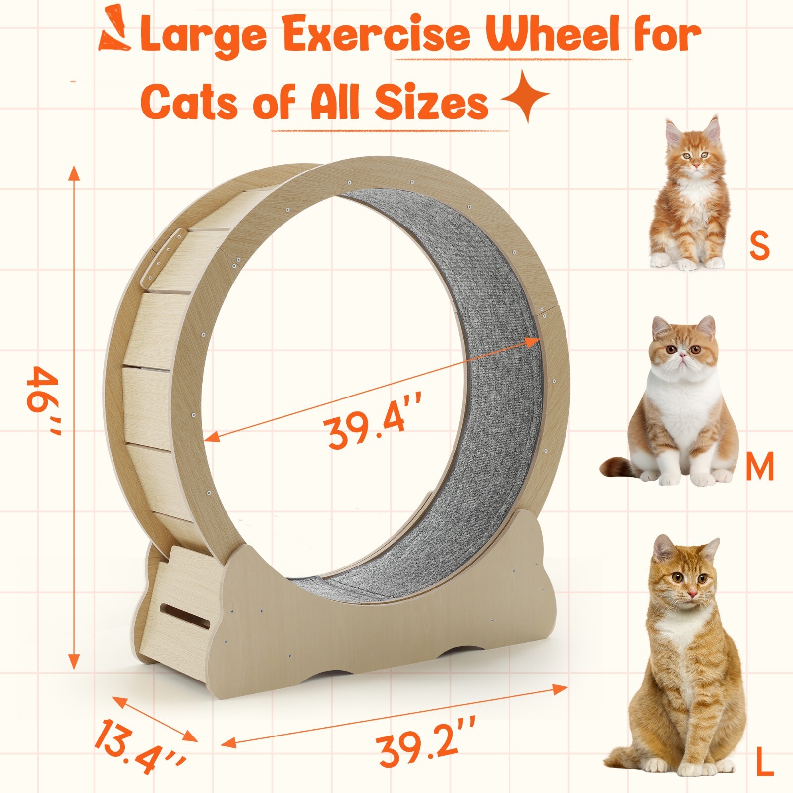 Large 46'' Wooden Cat Exercise Wheel Cat Treadmill Cat Running Wheel Silent Toy