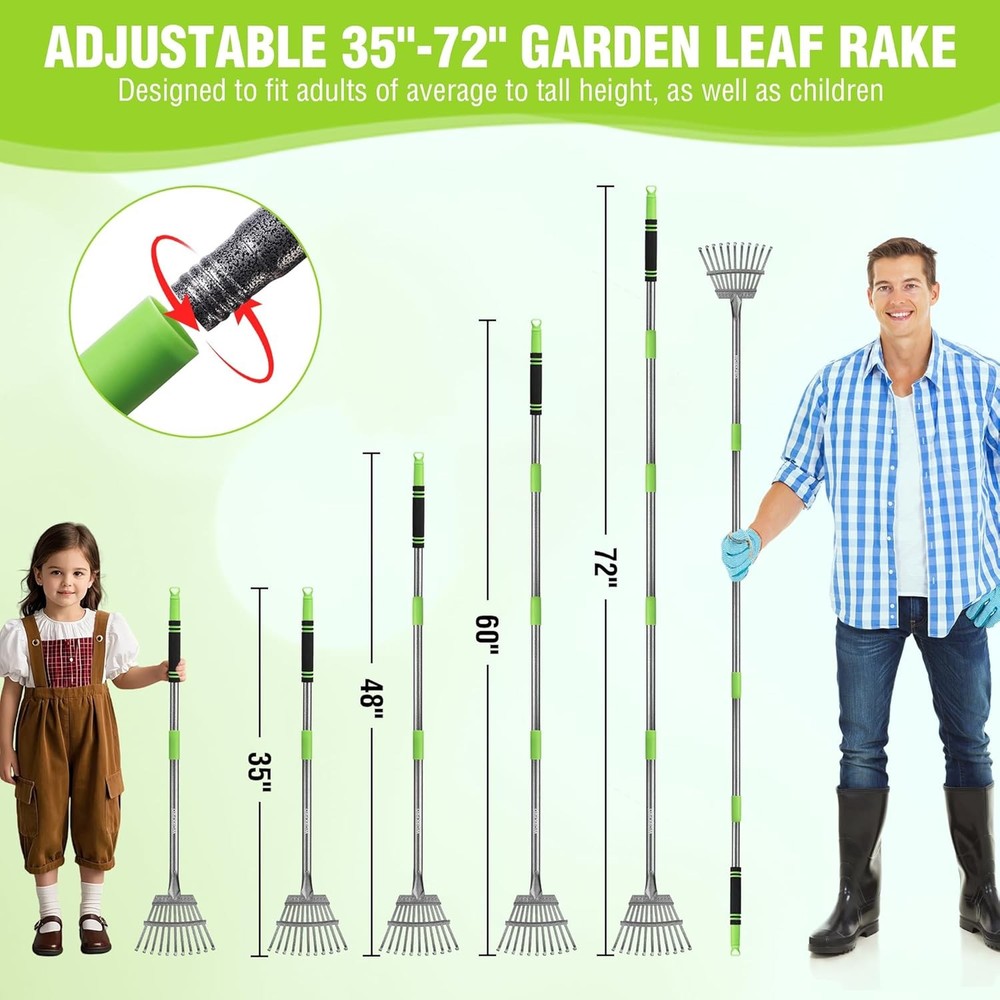 WORKPRO Rake, Small Rake for Leaves with 72” Adjustable Long Green & Black