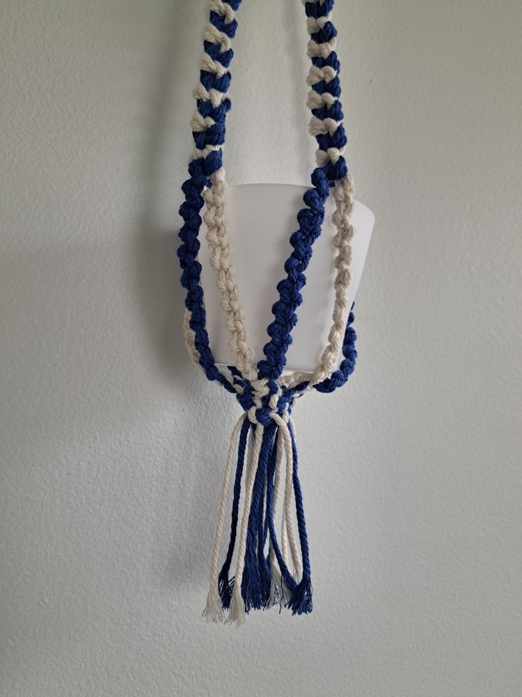 Macrame Plant Hanger, Blue, Beige, 27" Long, Handmade