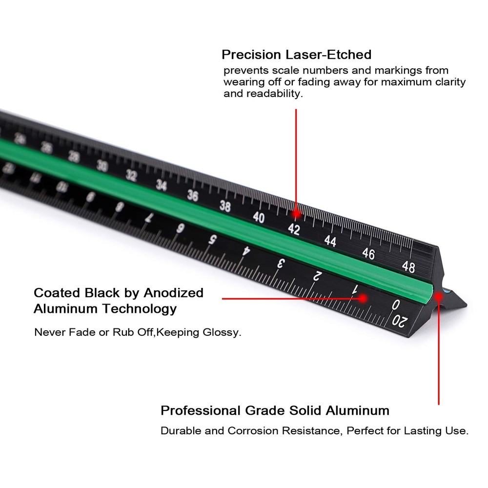 OwnMy 3 Pack 12 Inch Solid Aluminum Triangular Architect Scale Ruler Black