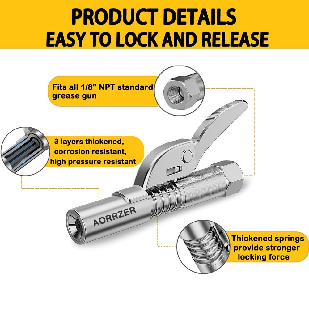 AORRZER Grease Gun Coupler 2 PCS, Strong Lock-on Greases 2 Silver