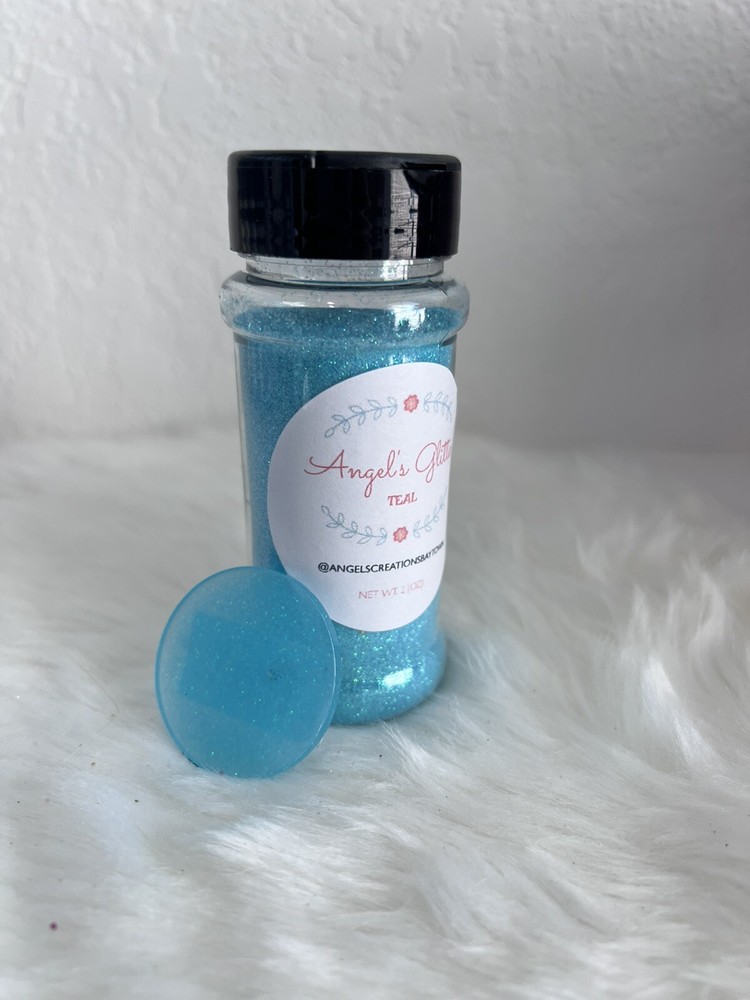Teal 1/128 Polyester glitter 2 oz in a shaker bottle