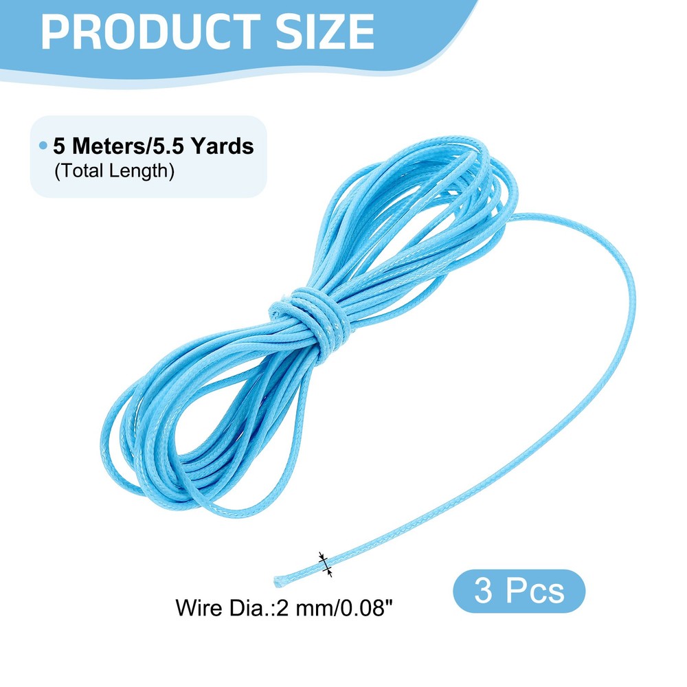 3Pcs Waxed Polyester Cord, 5.5 Yard 2mm Wax Bead Thread String, Light Lake Blue