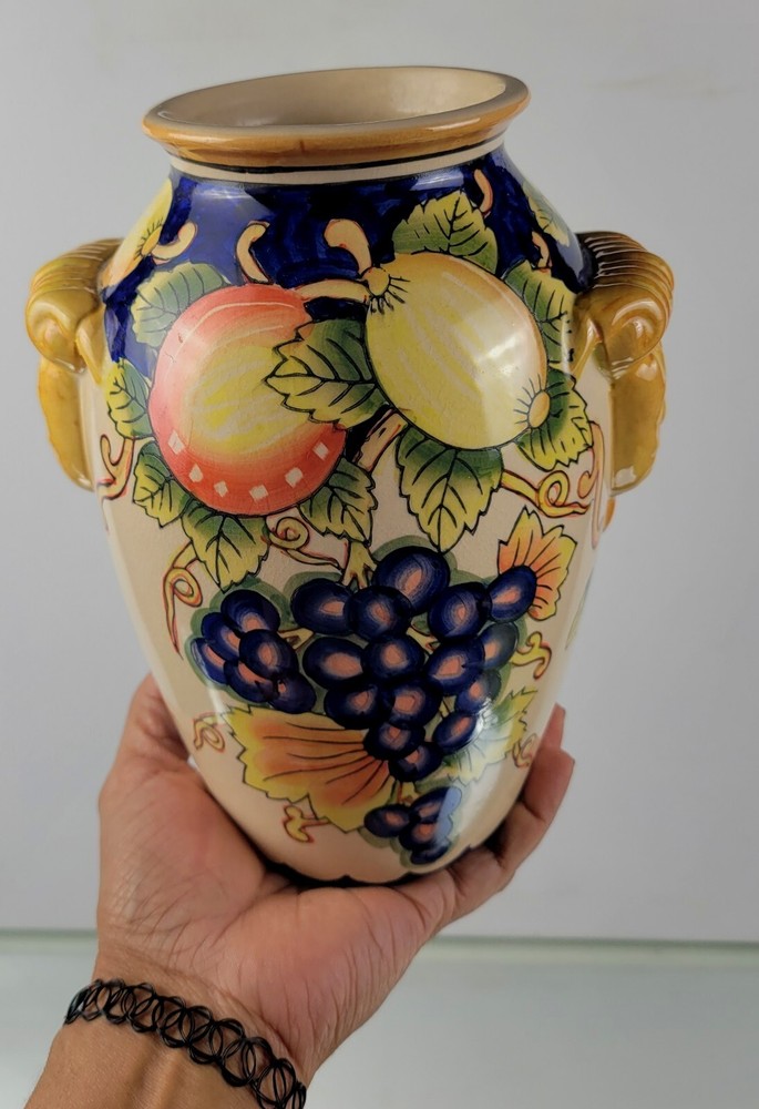 Decorative Vase - Hand-painted Fruit Pattern, Sculpted Handles