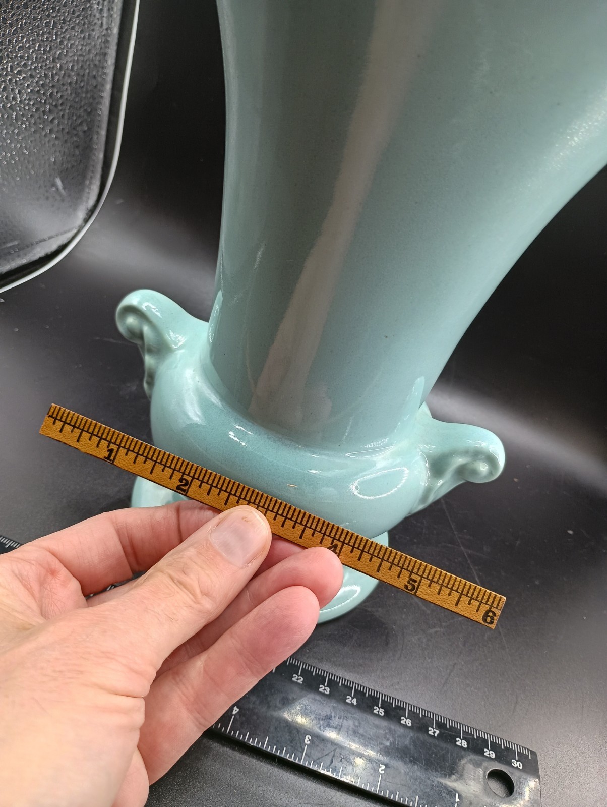 Vintage Pottery Vase Turquoise 9 1/4" H HAEGAR USA Scroll Handle Urn Footed Nice