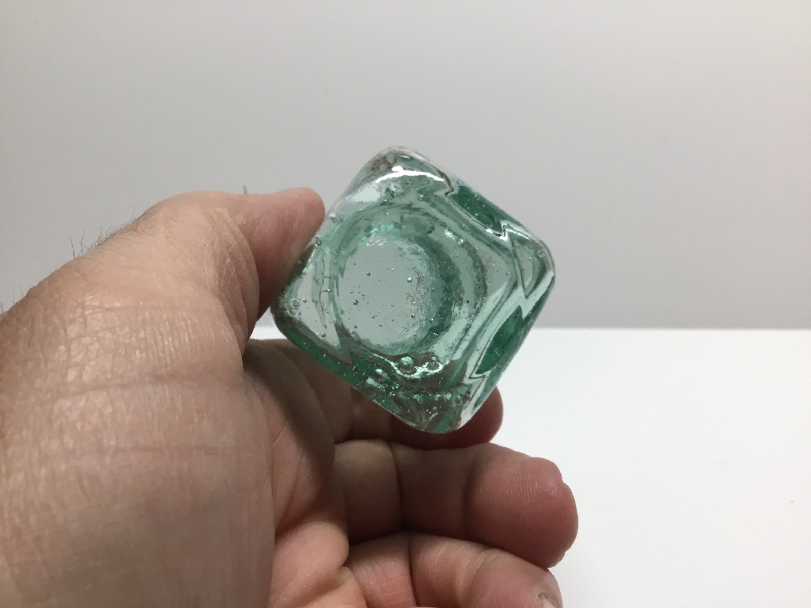 Small Antique Aqua Cube Finished Top Inkwell.