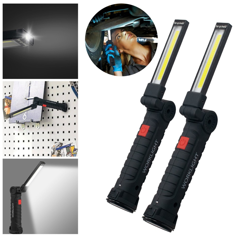2 Pack Magnetic Base LED COB Work Light Rechargeable Mechanic Torch Flashlight