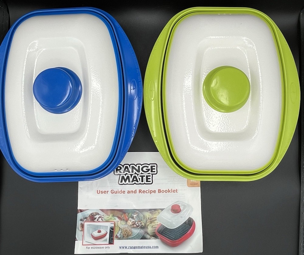Range Mate Microwave Grill Pans Rectangular Covered Dish Set of 2 w/Recipe Book