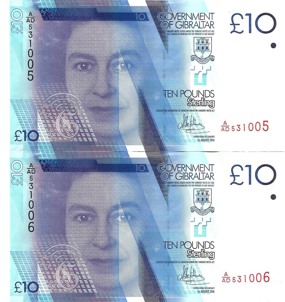 Gibraltar 2x 10 pounds 2016 P-36b UNC consecutive