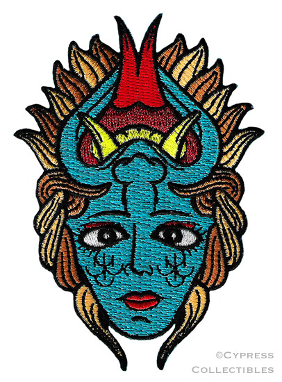 FLIP FACE PATCH iron-on embroidered TATTOO DEVIL DESIGN EMBLEM OPTICAL ILLUSION