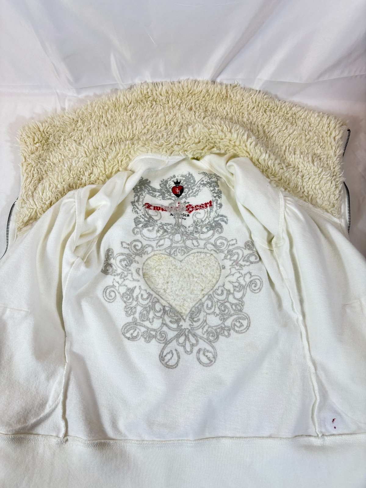 TWISTED HEART BEADED HEART Embroidered Zip Up Faux Fur Trim Hoodie Sz XS NWT