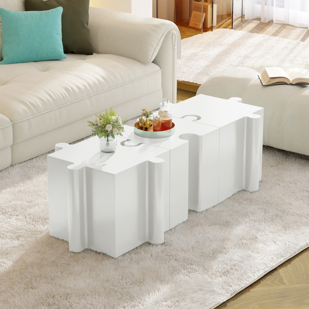 White Modular Puzzle Side Table w/ Convex Edge for Indoor & Outdoor