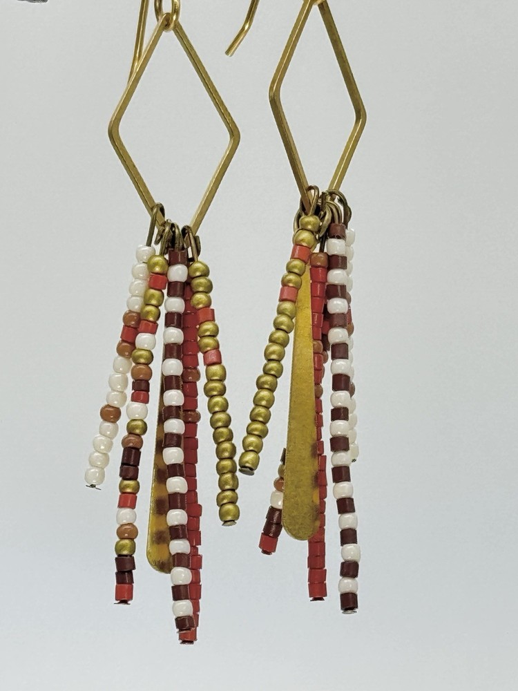 Boho Handcrafted Drop Earrings With Seed Bead Dangles & Brass Accents