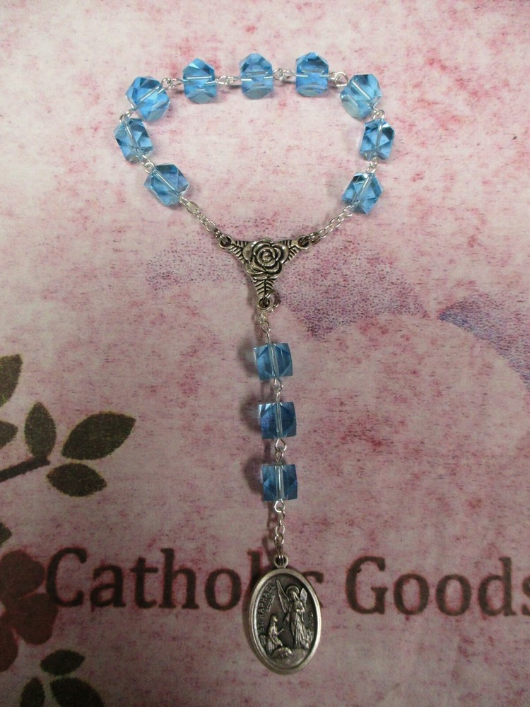 8 mm Light Blue glass bead - Saint. Raphael the Archangel Chaplet