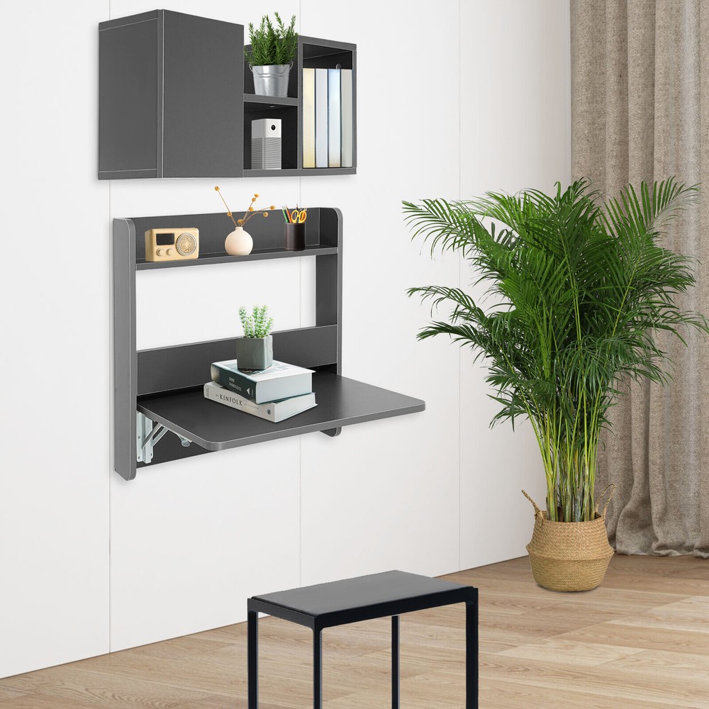 Folding Space Saving Wall Mounted Bookshelf, Fold Down Laptop Desk Workstation