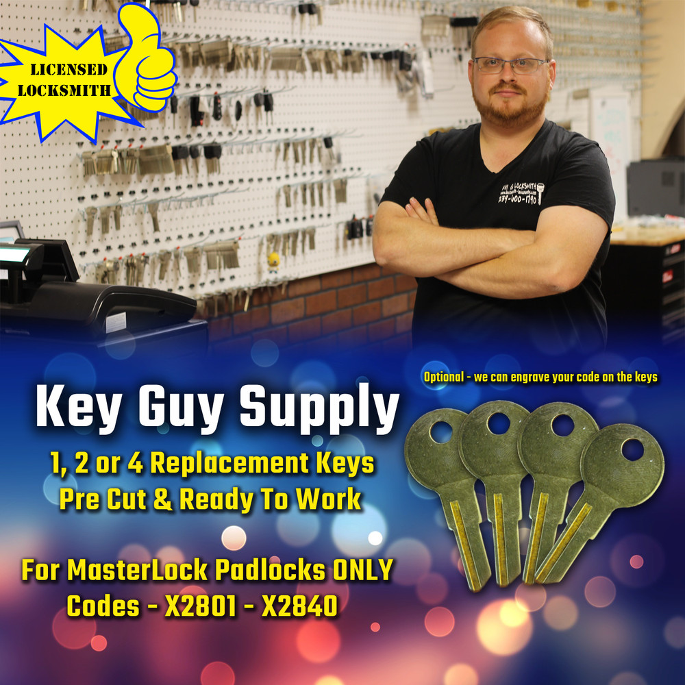 X2801-X2840 KEY. Keys for Master padlock #1 cut to your code Licensed Locksmith.