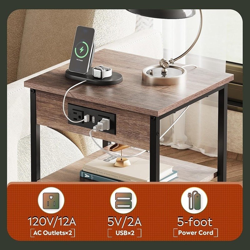 3-Tier Side Table W/ USB & AC Outlets Adjustable Shelf Ideal Small Spaces