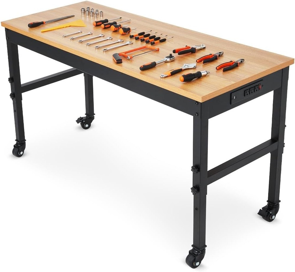 60in Rolling Garage Workbench Adjustable Tool Bench w/ Locking Wheels