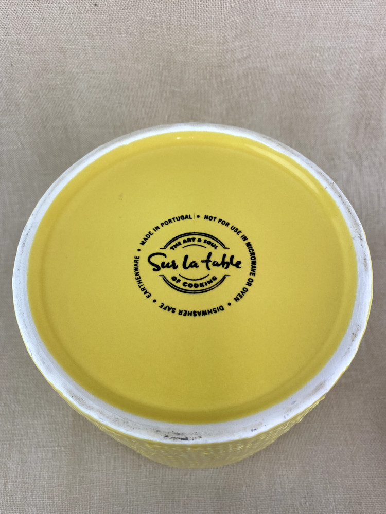 Sur La Table Ceramic Canister Yellow Basketweave Pattern with Cork Lid